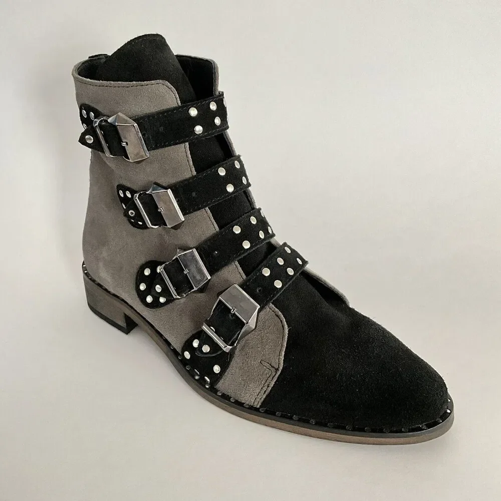 Girotti Suede Quad Buckle Studded Bootie Gray Black 41